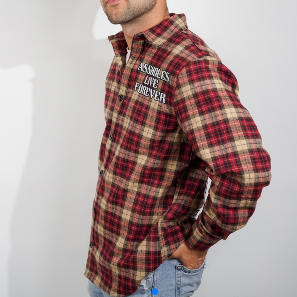 ALF SKULL ROSE LONG SLEEVE PLAID SHIRT ORANGE RED FLANNEL - L